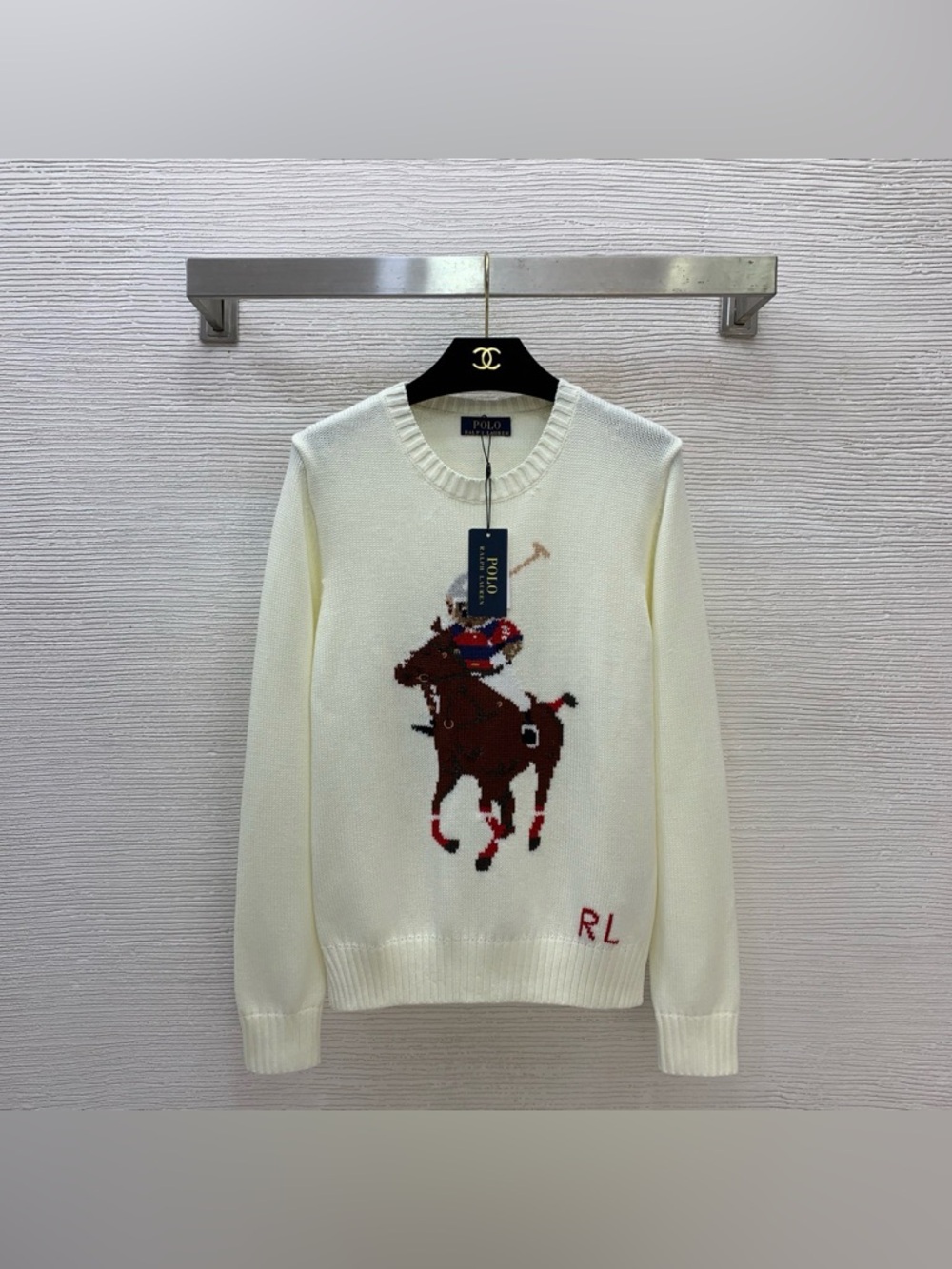 Polo by Ralph Lauren Cream Crewneck Sweater with Polo Player Intarsia